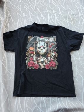 Gildan Black Graphic Tee with Horror Mask & Roses